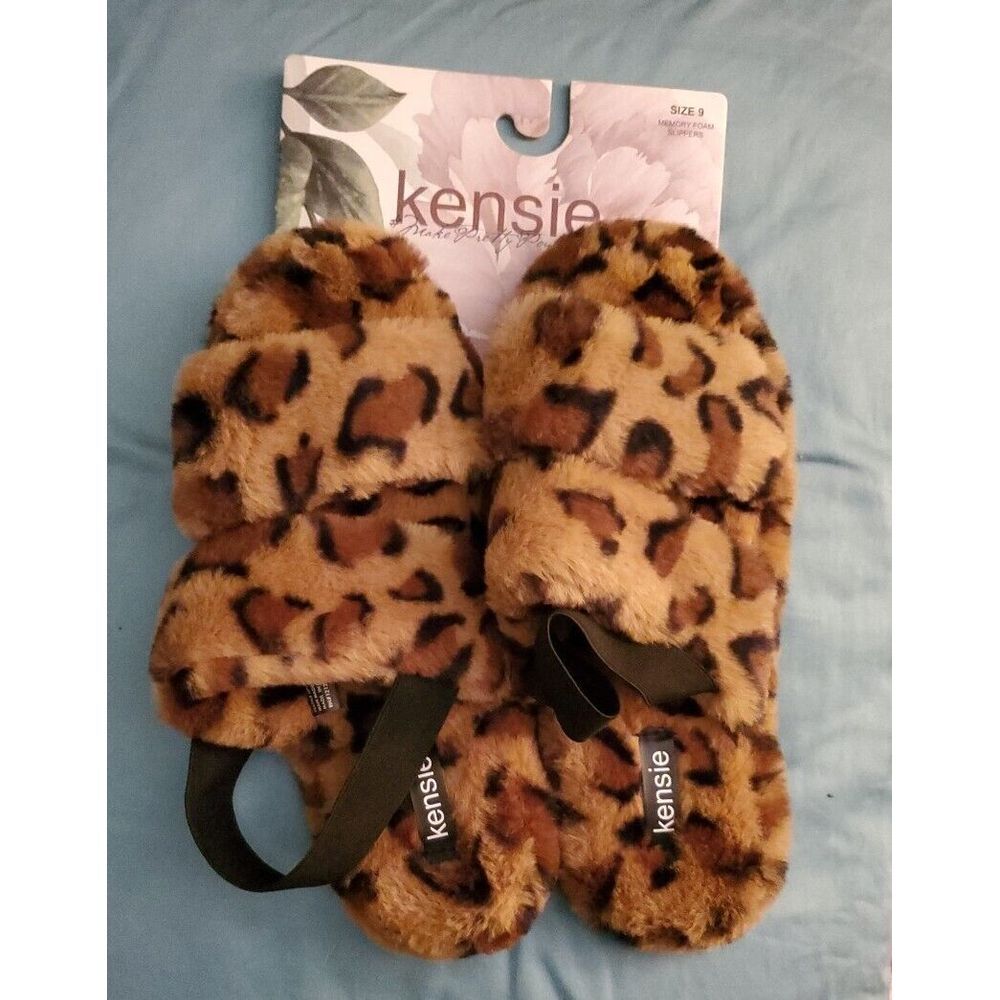 NEW KENSIE WOMEN'S NATURAL WITH MEMORY FOAM LEOPARD SLIPPERS SIZE:9